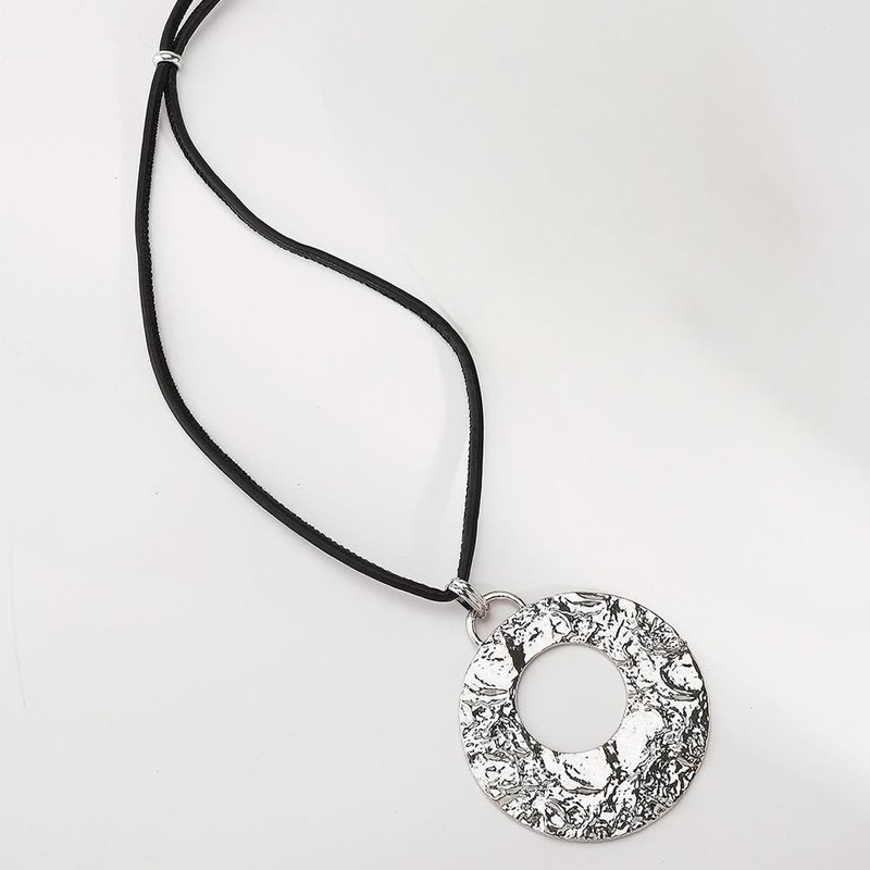 Douxsu Black Leather Rope Silver Circle Necklace for Women (Silver)