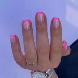 KQueenest 30 Pcs Hot Pink French Tip Press on Nails Short Square Nails Press ons Natural Nude Fake Nails Acrylic Petite Vibrant Color Glue on Nails Short Coffin Gel French Nails for Women DIY Manicure