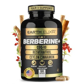 Earth Elixir 4 en 1. Berberina 1200 mg, Resveratrol 400 mg, COQ10 200 mg y Canela de Ceilán 150 mg –Probado por terceros– (180 cápsulas) –Pureza máxim