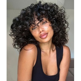HILYBAE Short Curly Wig Full Culry WIgs for Black Women Afro Curly Wig With Bangs Synthetic Hair Replacement Wigs For Women Fluffy Natural And Soft Black Wig Cosplay and Daily (Black)