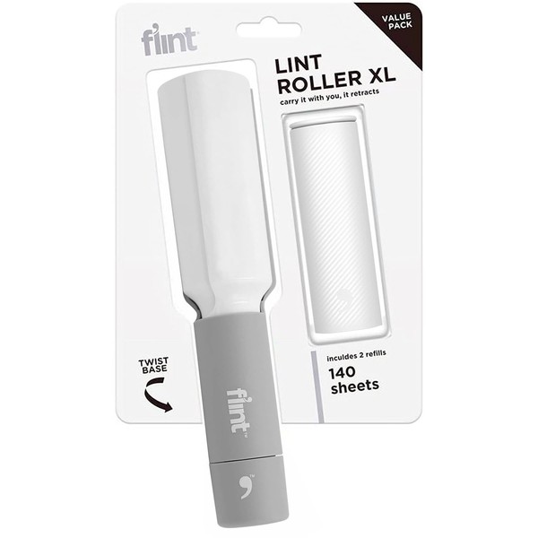 Flint Plus Retractable Lint Remover for Clothes, Refillable and Reusable Lint Rollers with 140 Extra Sticky, Tear-Off Sheets, Light Grey