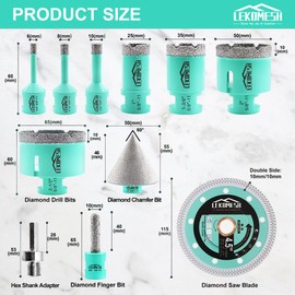 LEKOMESH Tile Hole Saw Kit - (6/8/10/25/35/50/65mm+10mm Finger Bit+50mm Chamfer Bit+Adapter) and 4.5 Inch Diamond Saw Blade Cutting Disc Wheel