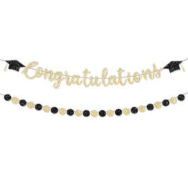 HCHinn Congratulations Decorations Banner Graduation Banners Class of 2025 Gold Glitter Congrats Grad Party Decor College High School Tassel Graduation Cap