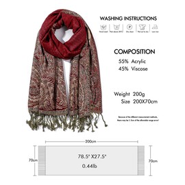 Pashmina Scarf Women Luxury Reversible Shawl Paisley Wrap Blanket Scarves with Fringes 78.5'' X 27.5''(Red)