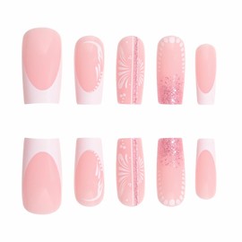 BABALAL Pink Press on Nails Medium Square Fake Nails French Tip Glue on Nails Flower Glitter Acrylic Nails 24Pcs Stick on False Nails Squoval Nails Press on