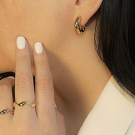 QueenBee 14K Gold Wave Ring | Trendy Curve Glossy Adjustable Ring | Hypoallergenic Stackable Asymmetric Ring | Minimalist Girly Rings for Stacking | Non-fading Non-tarnish Gold Jewelry | Gold Jewelry Birthday Gift | Mother's Day Wedding Holiday Gift