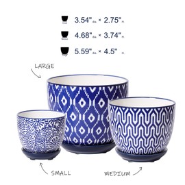 Selamica Ceramic Plant Pots, Indoor Flower Pots for Indoor Plants, 3.5+4.6+5.5 Planters with Drainage Hole & Saucer, Set of 3, Home Decor, Vintage Blue