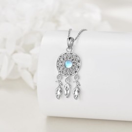 ONEFINITY Dream Catcher Necklace 925 Sterling Silver Moonstone Feather Pendant Dream Catcher Jewellery Gifts for Women, Sterling Silver, No Gemstone