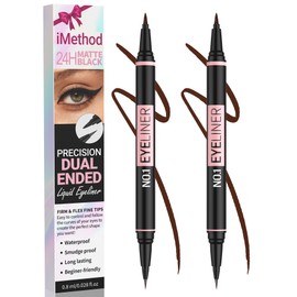 Liquid Eyeliner, 2-in-1 Dual-Ended Waterproof Eyeliner, Brown 2 Pack