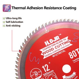 HOJR 6-1/2" to 12" TCT，12" 80 Tooth Circular Saw Blade, 1" Arbor, Finishing/General Purpose Wood Cutting Blade, Special Anti-Stick Coating on Cutting Tip - TA, Compatible with Bosch Makita,12" 80T TA