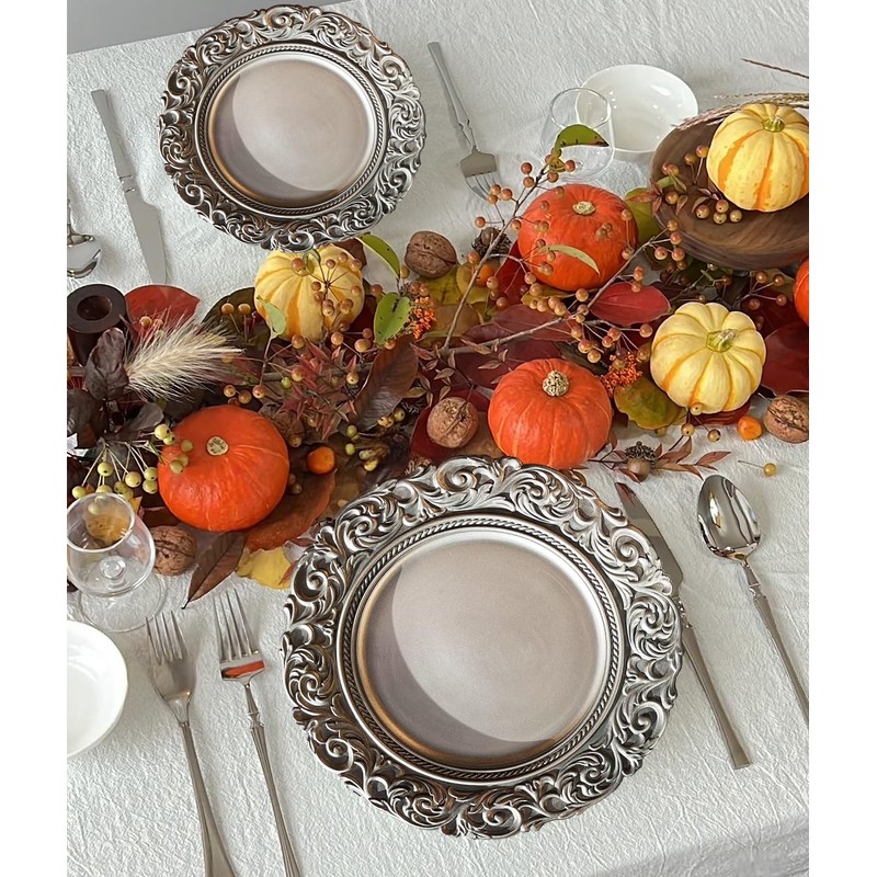 Umisriro Antique Silver Charger Plates Embossed Rim, 13 Inch Dinner