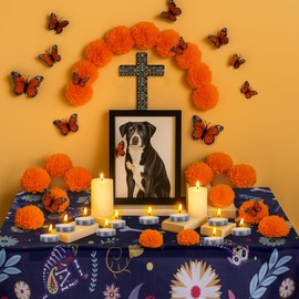 54 Pcs Dia De Los Muertos Altar Ofrenda Day of The Dead Decoration Dog Memorial Set Including Dog Skulls Tablecloth, Marigold Flowers, Mexican Cross, Butterflies and Candles for Fiesta Pet Remembrance
