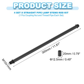 PATIKIL Straight Pipe Lamp Stems Rod Kit, 4Set M10 Carbon Steel 300mm(11.81") Long Double End Thread Rod with Coupling Nut Sleeve Connector for Table Lamps Chandeliers, Black