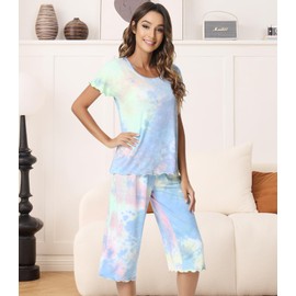 NACHILA Pajamas for Women-Viscose Made from Bamboo,Soft Capri Pants Pajama Sets Plus Size Pjs Cooling Short Sleeve Sleepwear Gray Peony X-Large