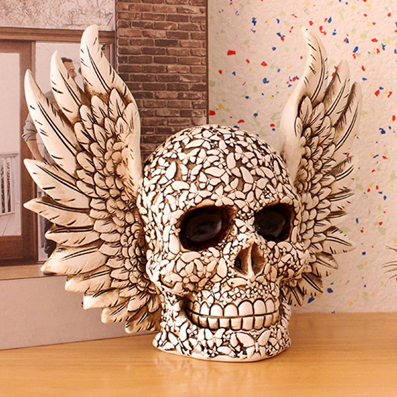 Skull Statue Butterflies Pattern Handcraft Exquisite Skeleton Head Statue with