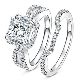 OPOMOMO Two-in-One Wedding Engagement Rings,18K White Gold Plated Princess Cut Cubic Zirconia Eternity Bridal Rings Set for Women 10