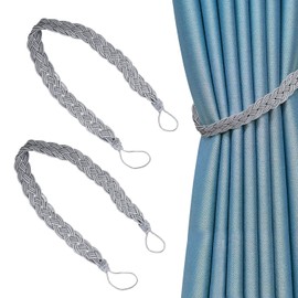 1 Pair Curtain Tie Backs, Curtain Rope Tiebacks Hand Knitting Curtains Tied Rope, Decorative Window Curtain Tiebacks Curtain Drapes Clips Rope Holdbacks Grey Braided Curtain Ties for Home Office Hotel