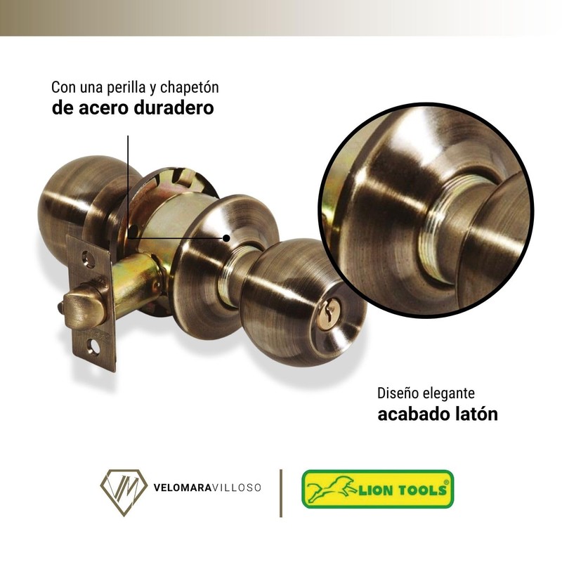 LION TOOLS - Cerradura Chapa Perilla Puerta Recamara Laton Antiguo