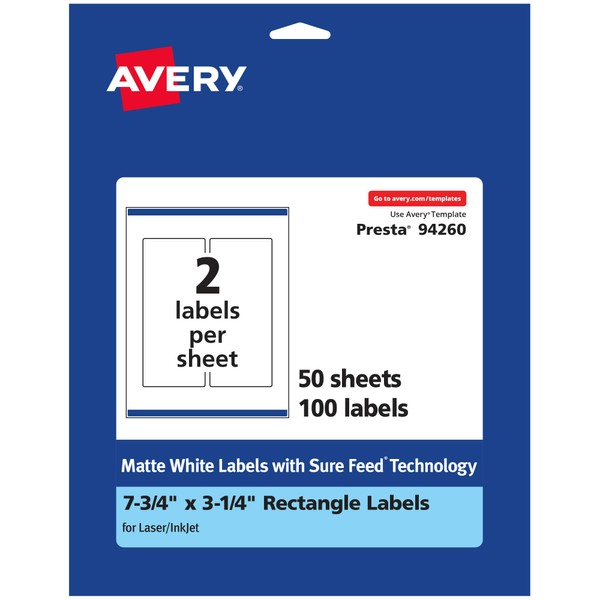 Avery Matte White Rectangle Labels with Sure Feed, 7.75" x