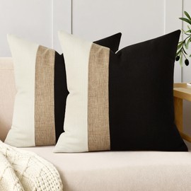 QoBexim Farmhouse Pillow Covers 18x18 Inch Set of 2, Black and Beige Linen Patchwork Decorative Throw Pillow Covers, Boho Modern Accent Square Cushion Cases for Couch Sofa Bed Home Decor