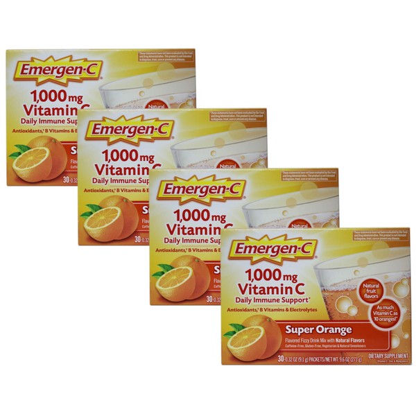 Emergen-C Vitamin C Flavored Fizzy Drink Mix Packets, Super Orange 30 ea ( Pack of 4)