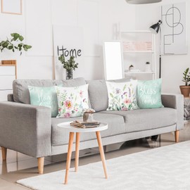 Bonhause Watercolor Floral Cushion Covers 45 x 45 cm Purple Pink Flowers Leaves Teal Decorative Throw Pillow Covers for Sofa Couch Bed Home Garden Patio Decor Set of 4