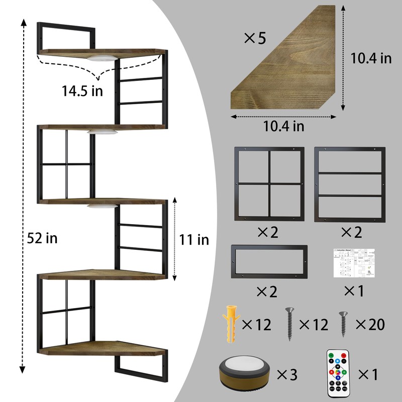 WFSRESTD Floating Corner Shelves with Light - 5 Tiers Metal