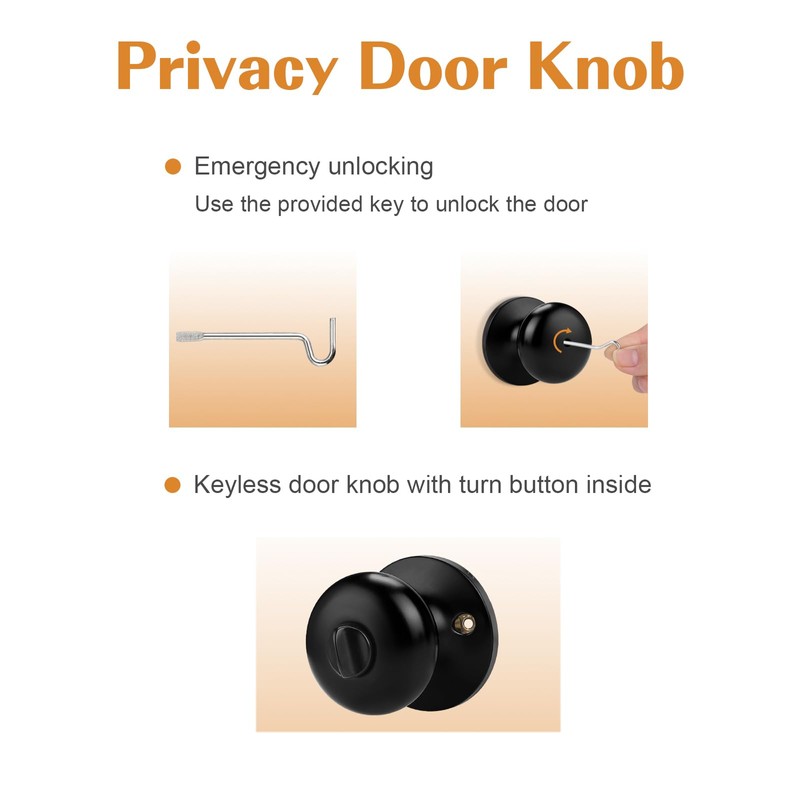 Probrico Privacy Door Knobs Black Matte Privacy Lock, Keyless Standard