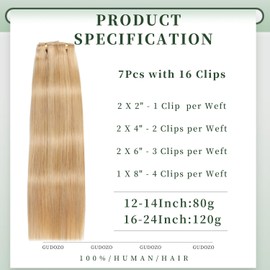 GUDOZO Clip-In Human Hair Extensions, 7 Pieces, 40 cm, 120 g, Invisible Clip Extensions, Human Hair Clip Extensions, Skin Weft Hair Extension (16 Inches, M10/22/613#)