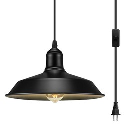 Uxtrodecor Plug in Pendant Light, Black Hanging Lights with Plug in Cord, On/Off Switch, Industrial Pendant Light with Plug in Cord, Metal Hanging Lamps for Kitchen, Dining Room