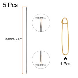 sourcing map 5Pcs US 2(2.75mm) Double Pointed Knitting Needle 7.87 Inches Length Stainless Steel Sweater Stitching Needles with Stitch Holder for Handmade Projects DIY Knitting