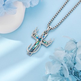YAFEINI Cross Fish Hook Necklace 925 Sterling Silver Abalone Shell Pendant Deer Antler Cross Jewellery for Women Men