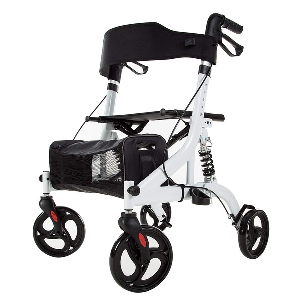 ELENKER Rollator Walker with Seat, Rolling Mobility Walking Aid, Shock Absorber and Carrying Pouch, Compact Folding Design, Fits for Elderly from 5’2”-6’5”, Supports up to 350 LBS (White)