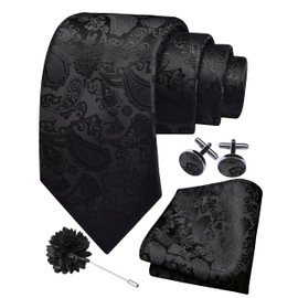 GUSLESON Paisley Black Tie Mens Classic Wedding Necktie Pocket Square Cufflinks and Lapel Pin Brooch Set (6105-08)