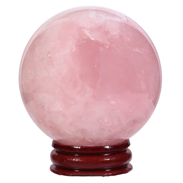 KYEYGWO Natural Rose Quartz Crystal Ball Figure with Wooden Stand, Polished Round Stone Ball Sculpture Fengshui Ornament Gemstone Fortune Telling Ball House Decor for Reiki Healing, Wicca, 55-60 mm