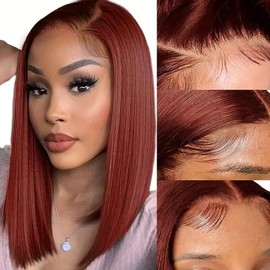 Reddish Brown Short Bob Wig Human Hair Glueless Wigs Human Hair Pre Plucked 12inch Reddish Brown Lace Front Wigs Human Hair 180% Density Straight Lace Front Bob Wig 13x4 Lace Frontal Wig Human Hair