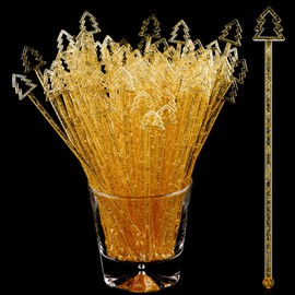 Tioncy 120 Christmas Drink Stirrers Christmas Coffee Stirrers Bulk Christmas Tree Top Swizzle Sticks Plastic Drink Stirrers Glitter Swizzle Sticks for Drinks Bar Christmas Party (Gold)