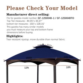 SCOCANOPY Ripstop Replacement Top for Lowe's Allen Roth 10X12 Gazebo Model #GF-12S004B-1/ GF-12S004BTO/TPGAZ17-002C，(Navy Blue)