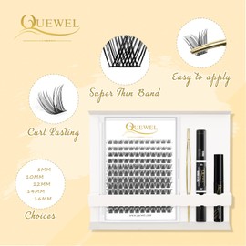 QUEWEL 144 Piece DIY Eyelash Extensions Set, Eyelash Cluster with Cluster Eyelashes, Individual Applicator Tool, Super Hold Eyelash Glue and Sealing (FD-H-A-TH-02)