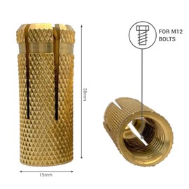 Pack of 15 Brass Impact Dowels M12 x 38 mm, Expansion Bolt Sleeve, Concrete Masonry Brick Anchor, Expansion Dowels (15, M12 x 38 mm)