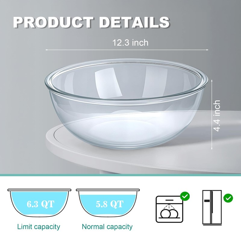 MUUBOOX 6.3 Qt Large Glass Mixing Bowl,12.3" Clear Glass Salad