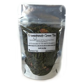 Pomegranate Green Loose Leaf Sencha Tea Wildcrafted OP Pink Rose Petals Pomegranate Flavor .7 oz bag Small Sample