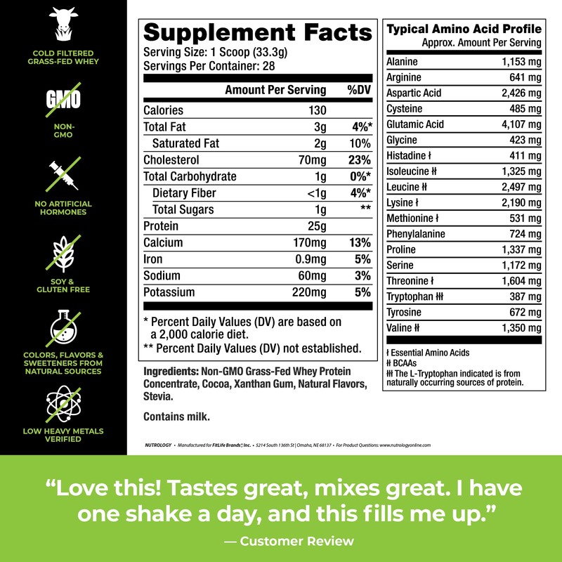 Nutrology Nutrology Grass Fed Whey Protein Powder, Supports Lean Muscle