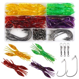 Crawfish Bait Soft Plastic Lures Set for Bass Fishing, 60pcs Silicone Craw Swimbaits with Twistlock Hooks Swivel Snaps Ned Rig Baits Kit for Trout Salmon Freshwater Saltwater
