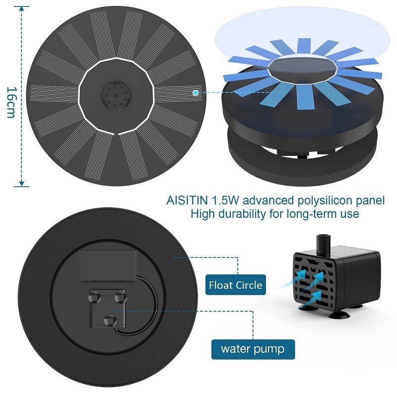 AISITIN Solar Power Bird Bath Fountain Pump Upgrade 1.5W Solar