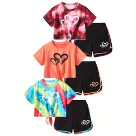 Fdqin Girls 2 Piece Pants Sets Graphic Cute T-shirt and Dolphin Shorts Girls Outfits for Casual, Dance Pink/Pink/Green Tie Dye 9-10 Years