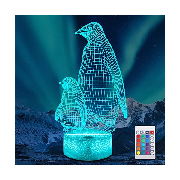 CooPark Penguin 3D Lamp for Kids, 16 Colors Changing Illusion Animal Night Light with Remote Control Dim Function 4 Flashing Mode, Child Bedroom Decor Personalized Birthday Gifts for Boy Girl