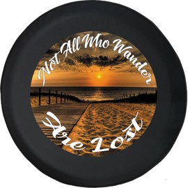 Funny Spare Tire Wheel Cover for Camper SUV Trailer Truck RV JP Thick PVC Leather | Beach Sunset Not All Who Wander are Lost Black 29 Inch