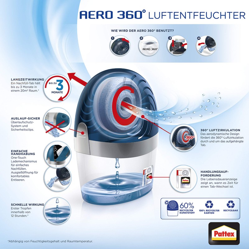 Pattex Aero 360º Dehumidifier, Ultra-Absorbent Room Dehumidifier, Helps Avoid Condensation,