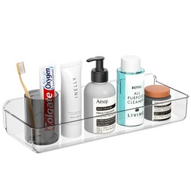 ZEXALOR Wall Mounted Storage Organizer Bins Organizing Shelf Basket Clear Plastic Makeup Organizer Adhesive Hanging Bin Fridge Organizer for Bathroom,Kitchen,Cabinet,Pantry,Countertops (13.7×5×2.7”)
